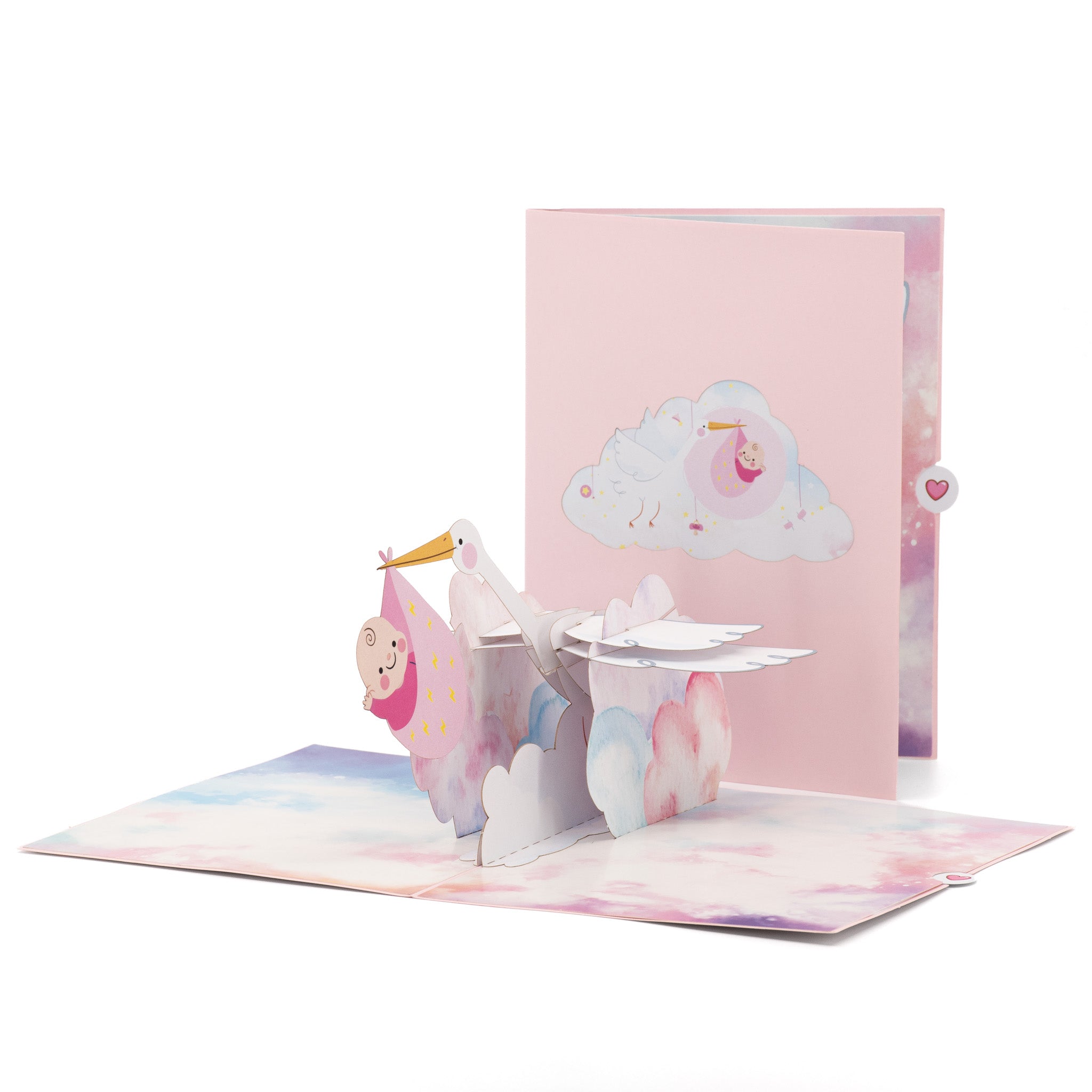 It's a Girl! Stork 3D pop-up card front view: stork carrying a baby girl, pink cloud cover behind, everpop