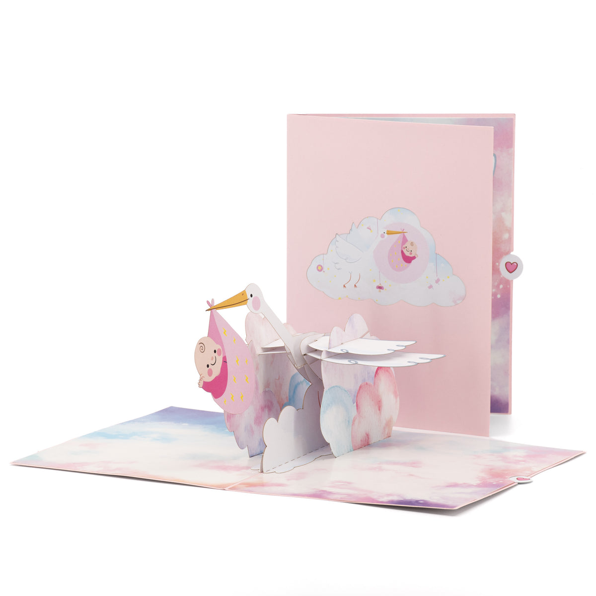 It's a Girl! Stork 3D pop-up card front view: stork carrying a baby girl, pink cloud cover behind, everpop