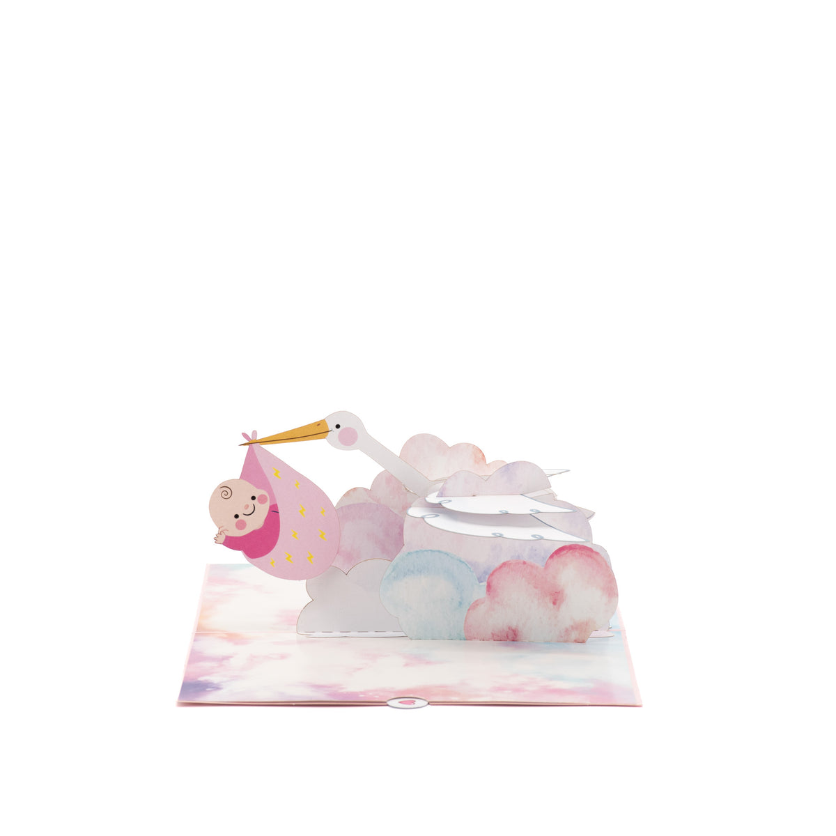 It's a Girl! Stork 3D pop-up card angle view: stork delivery pop-up on a pastel cloud base, everpop