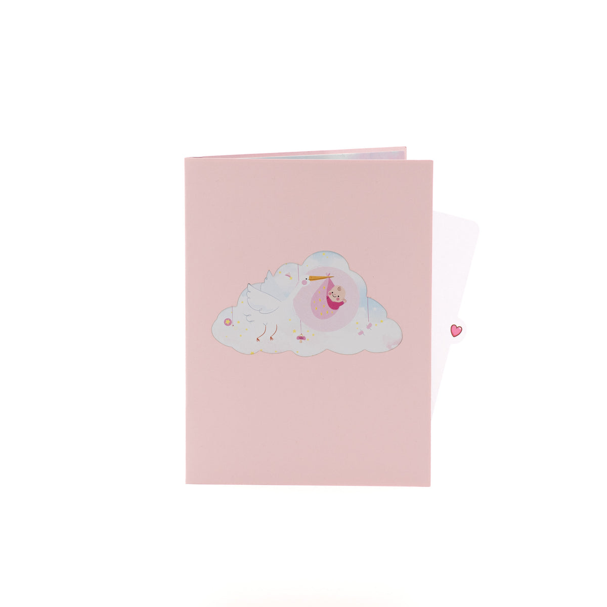It's a Girl! Stork 3D pop-up card closed — card only, pink cover with stork and baby in a cloud, everpop
