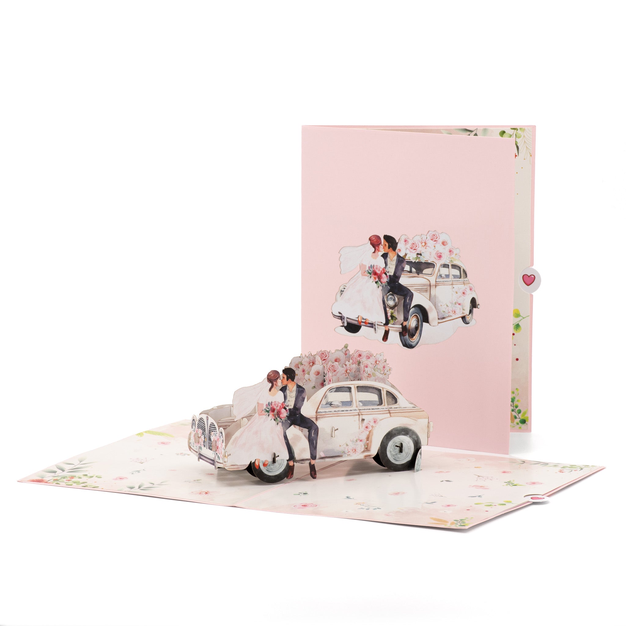 Just Married 3D pop-up card front view: newlyweds on a flower-decked car, pink cover behind, everpop