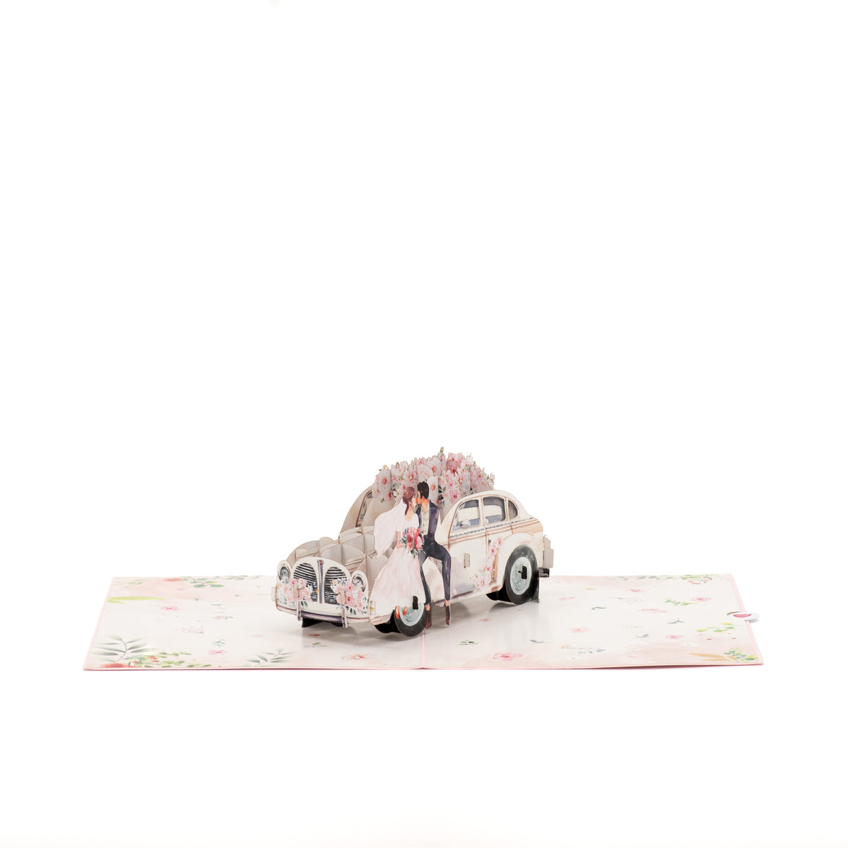 Just Married 3D pop-up card angle view: wedding car pop-up on a soft floral watercolor base, everpop