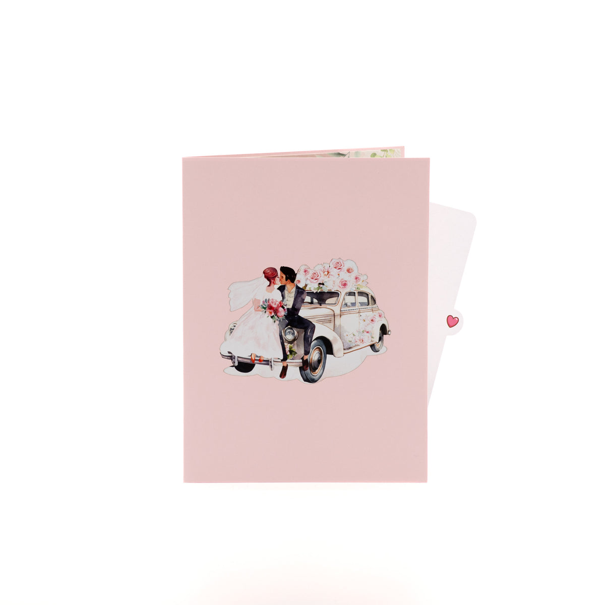 Just Married 3D pop-up card closed — card only, pink cover with couple on their wedding car, everpop