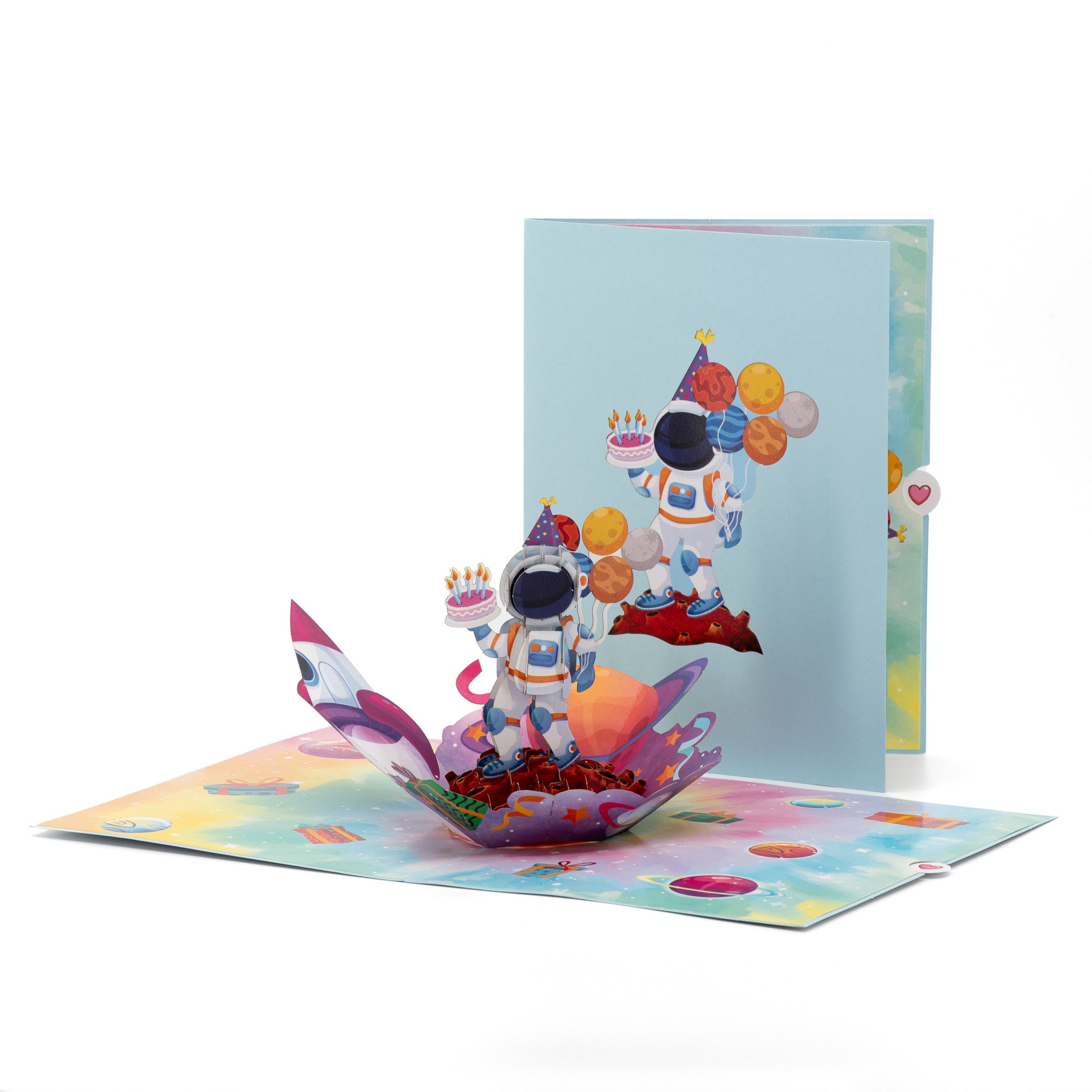 Love You to the Moon Birthday 3D pop-up card front view: astronaut with cake and planet balloons, cover behind, everpop
