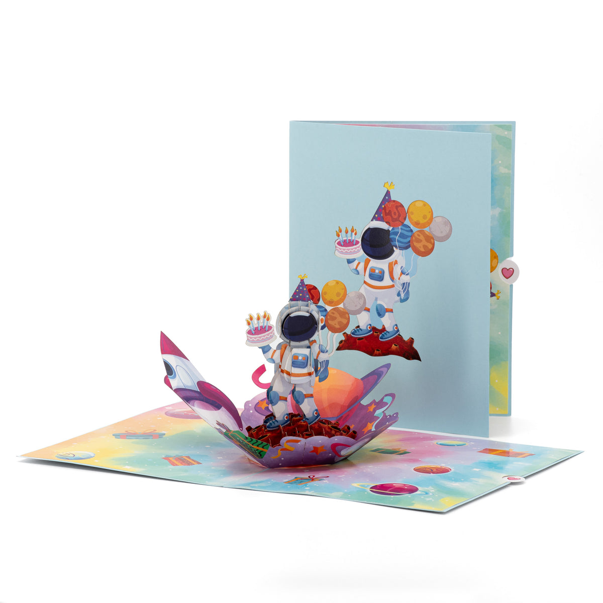 Love You to the Moon Birthday 3D pop-up card front view: astronaut with cake and planet balloons, cover behind, everpop