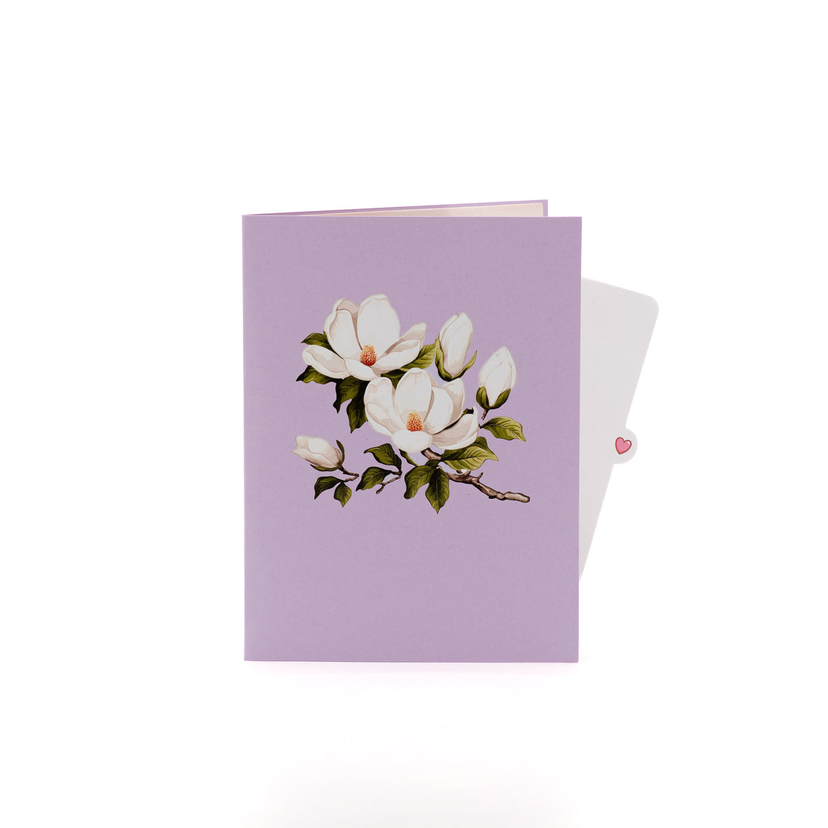 Magnolia Blossom 3D pop-up card closed — card only, lilac cover with a white magnolia branch, everpop
