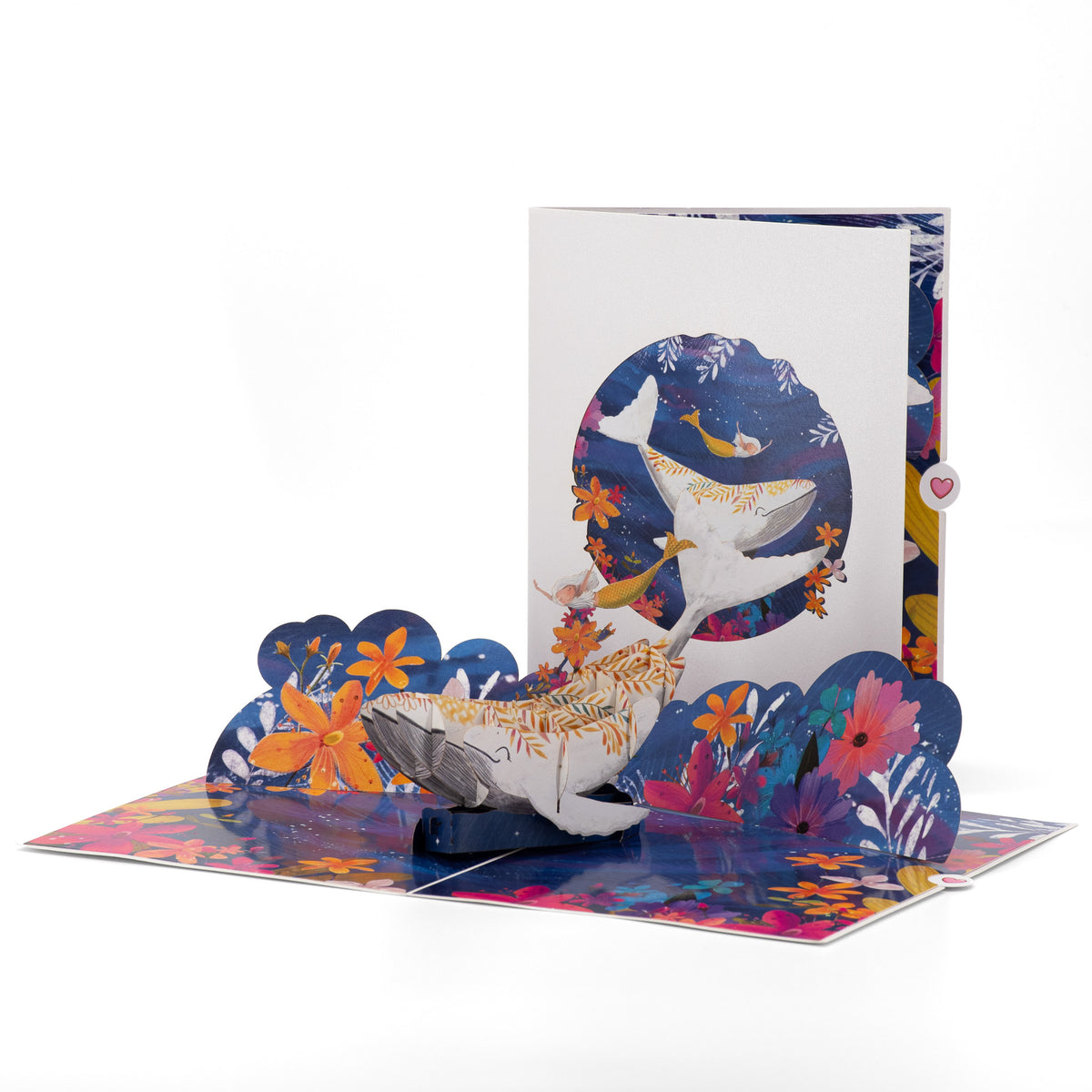 Mermaid & the Whale 3D pop-up card front view: mermaid riding a white whale, round-window cover behind, everpop
