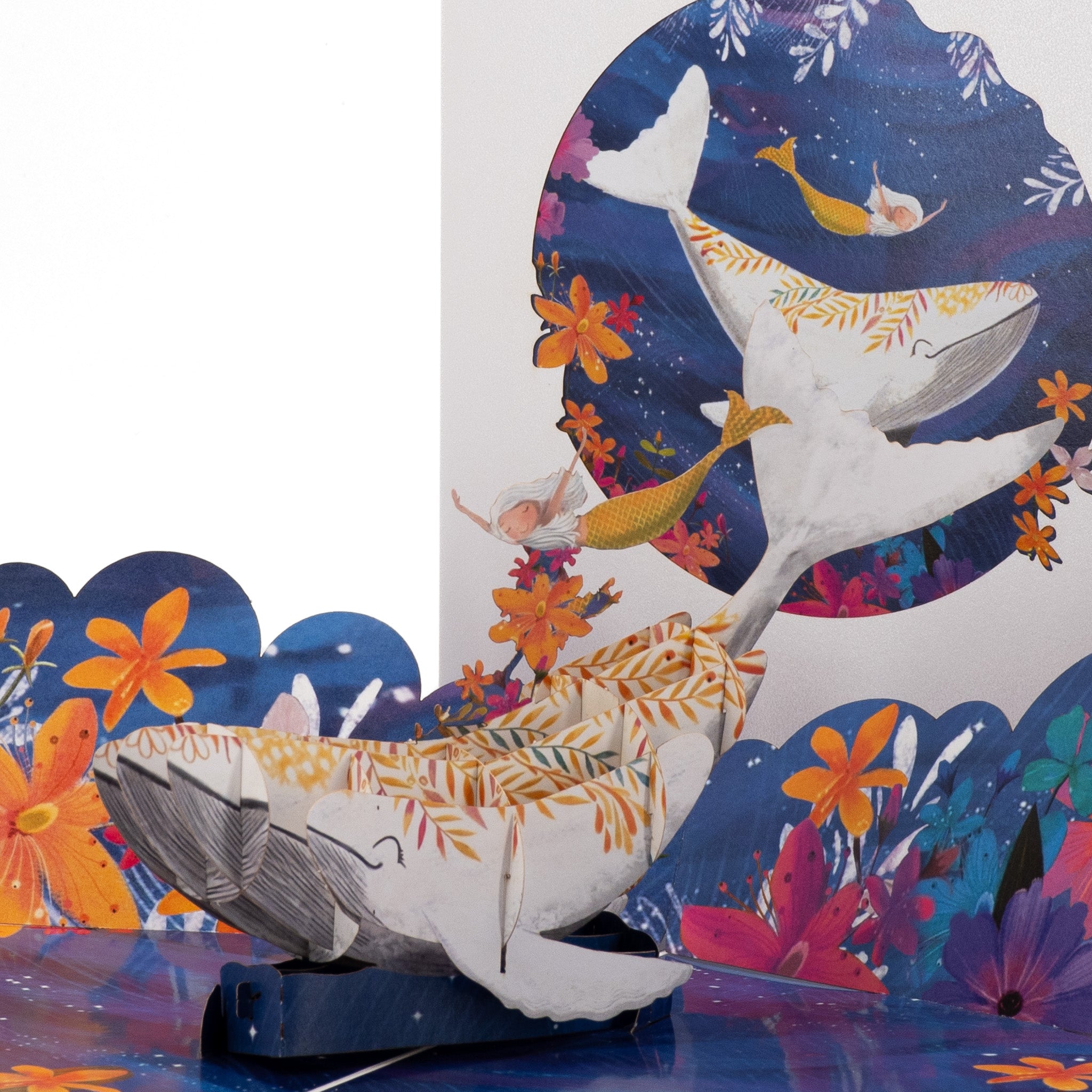 Mermaid & the Whale 3D pop-up card close-up: golden-tailed mermaid on a flower-decked whale, everpop