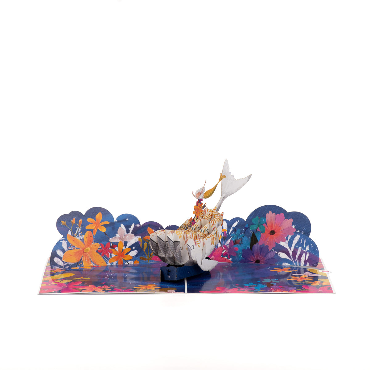 Mermaid & the Whale 3D pop-up card angle view: whale and mermaid pop-up on a deep blue floral sea, everpop