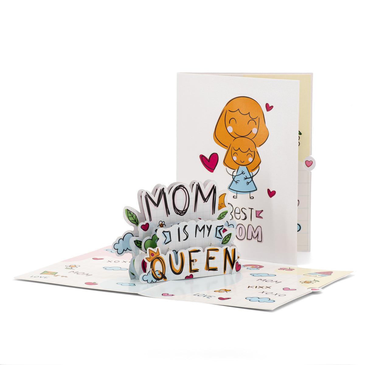 Mum Is My Queen 3D pop-up card front view: Mom Is My Queen lettering pop-up, Best Mom cover behind, everpop