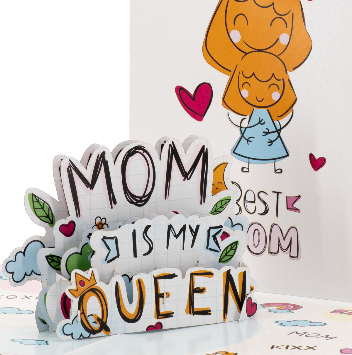 Mum Is My Queen 3D pop-up card close-up: hand-drawn Mom Is My Queen letters with crown and hearts, everpop