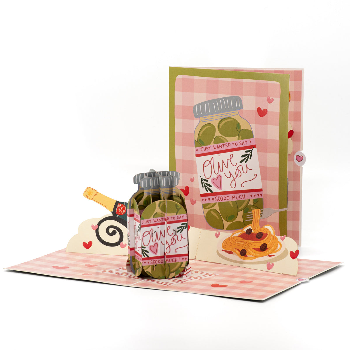Olive You 3D pop-up card front view: olive jar picnic with wine and pasta, green cover behind, everpop