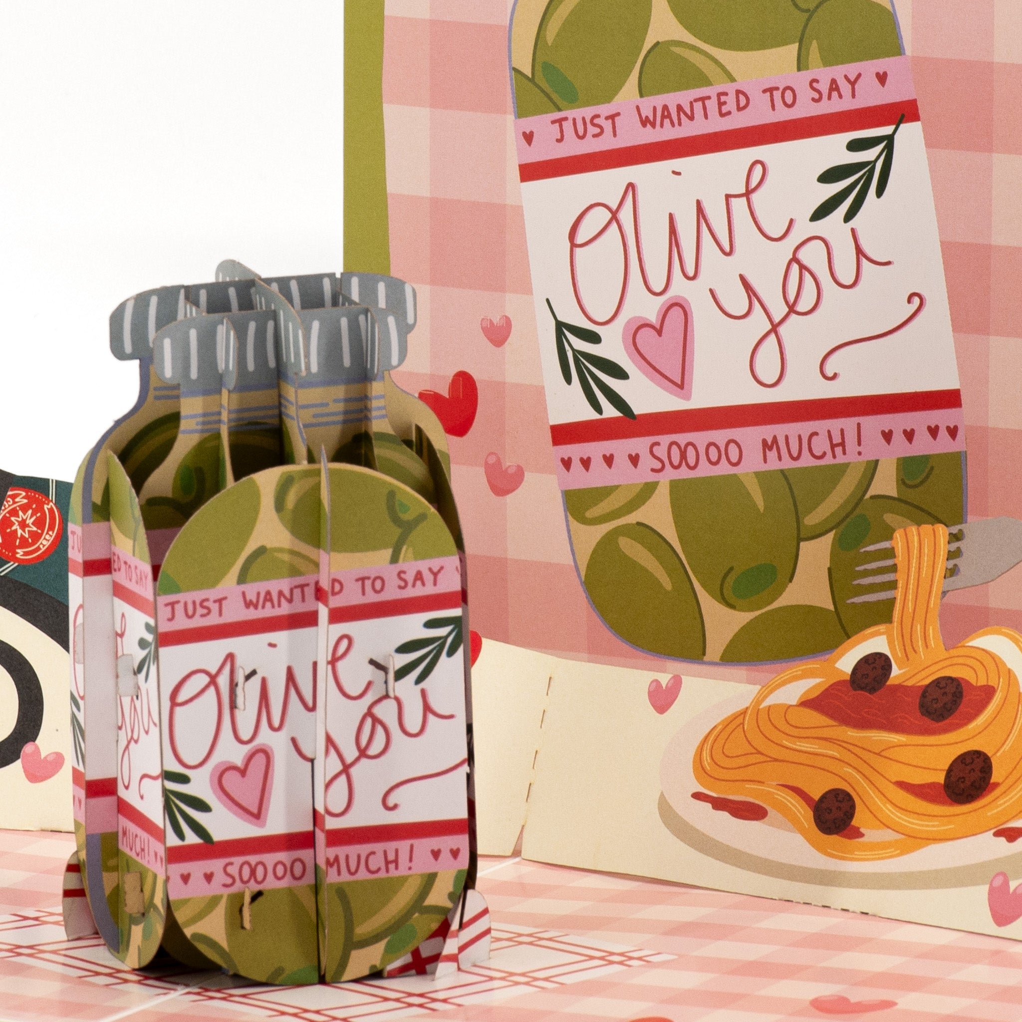 Olive You 3D pop-up card close-up: paper olive jar with Olive You Soooo Much label, everpop