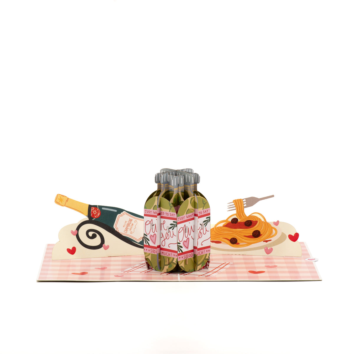Olive You 3D pop-up card angle view: olive jar pop-up with spaghetti on pink gingham, everpop