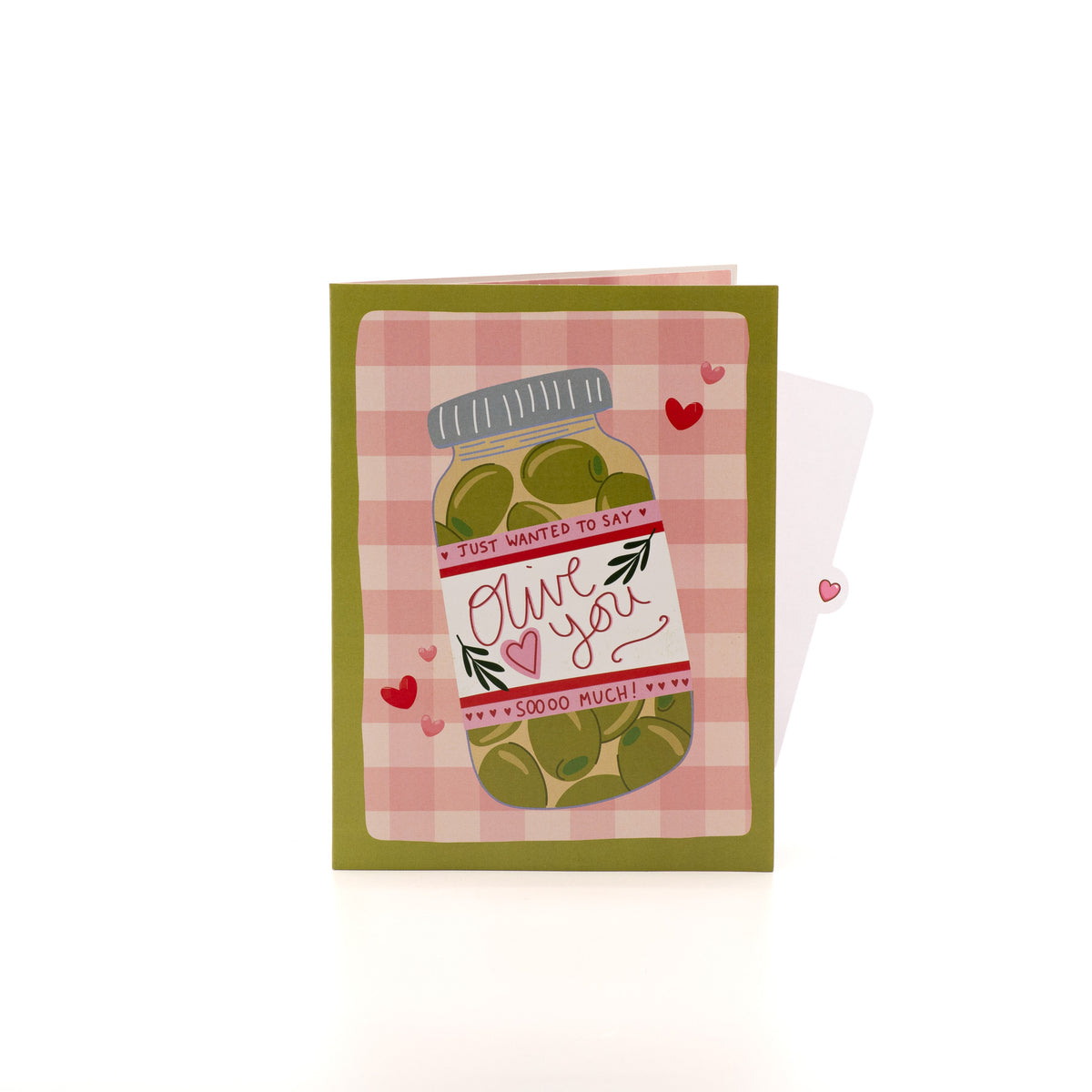 Olive You 3D pop-up card closed — card only, green gingham cover with the Olive You jar, everpop