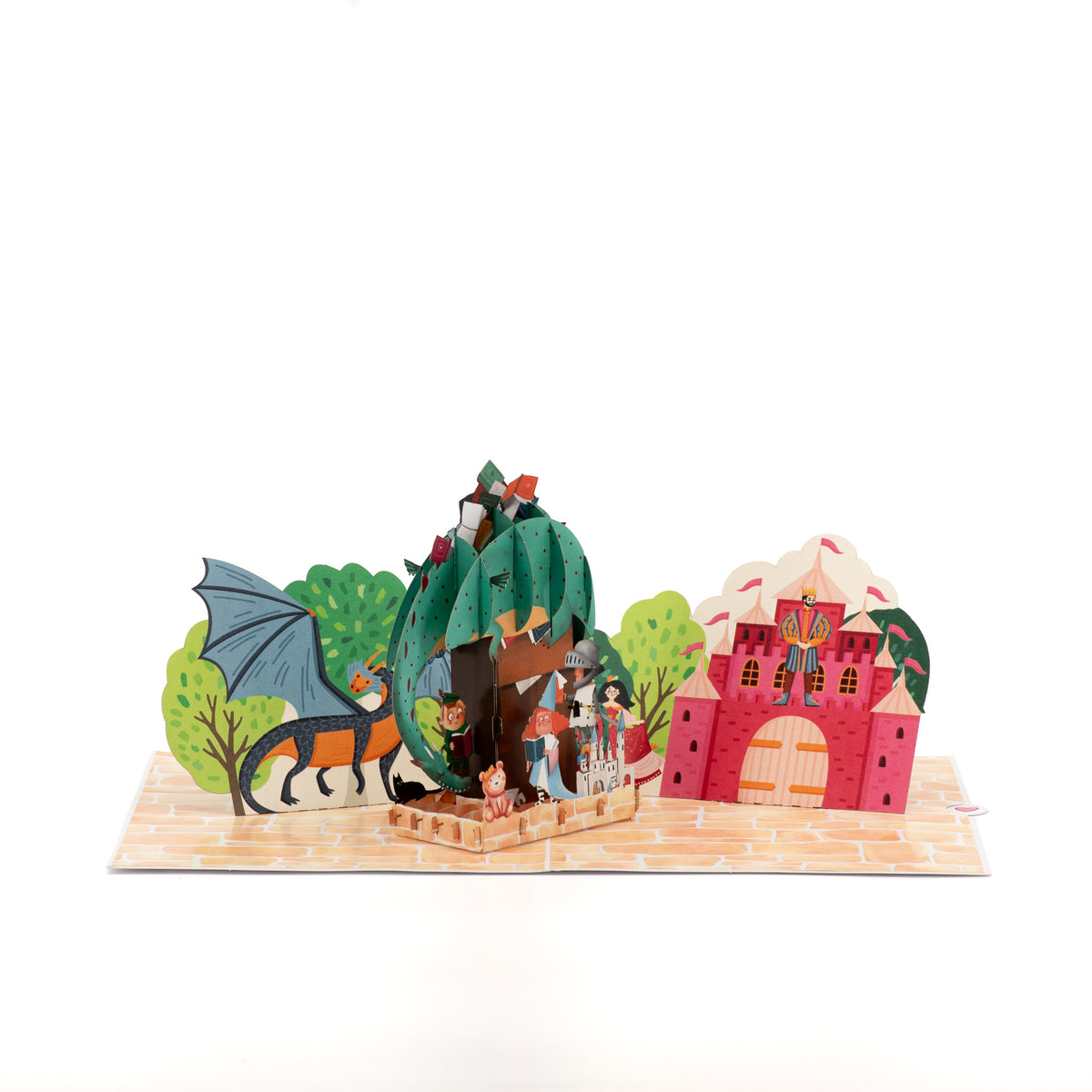 Once Upon an Island 3D pop-up card angle view: storybook pop-up with pink castle on a cobblestone base, everpop
