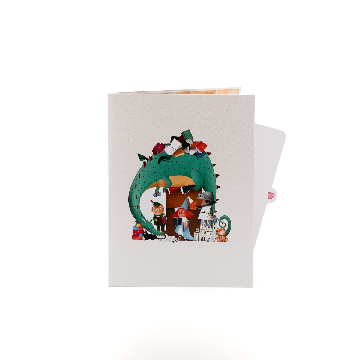 Once Upon an Island 3D pop-up card closed — card only, white cover with dragon, knight and teddy bear, everpop