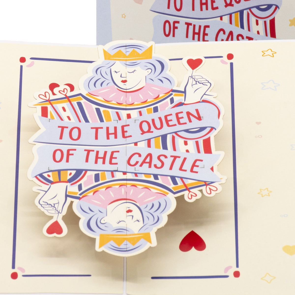 Queen of the Castle 3D pop-up card close-up: crowned queen and To the Queen of the Castle ribbon, everpop