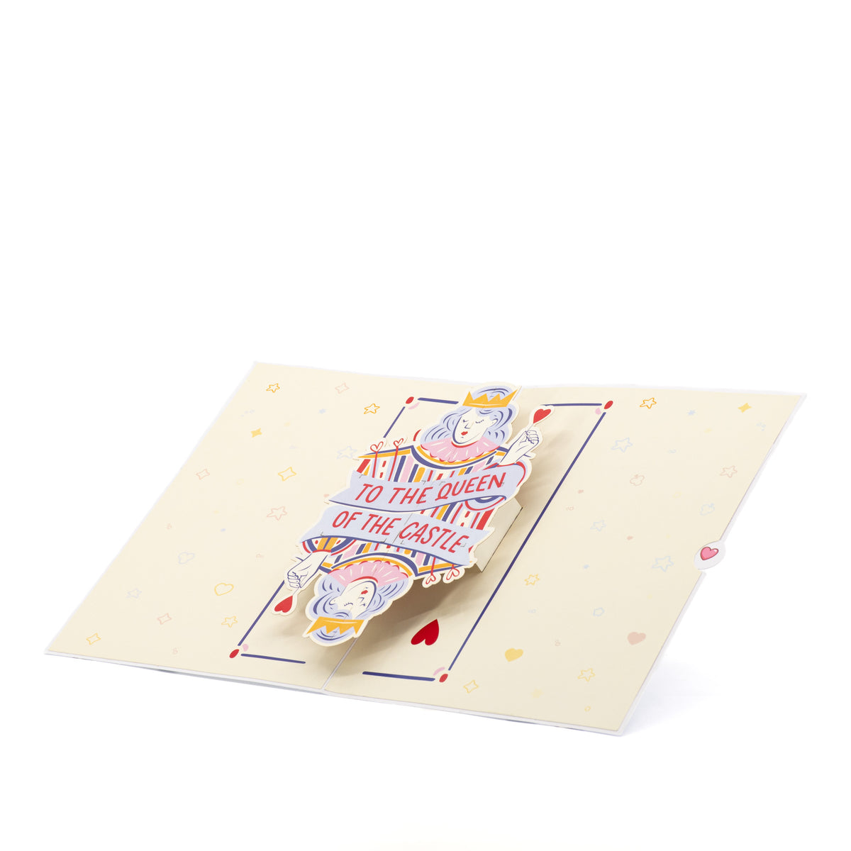 Queen of the Castle 3D pop-up card angle view: queen of hearts pop-up on a birthday doodle base, everpop