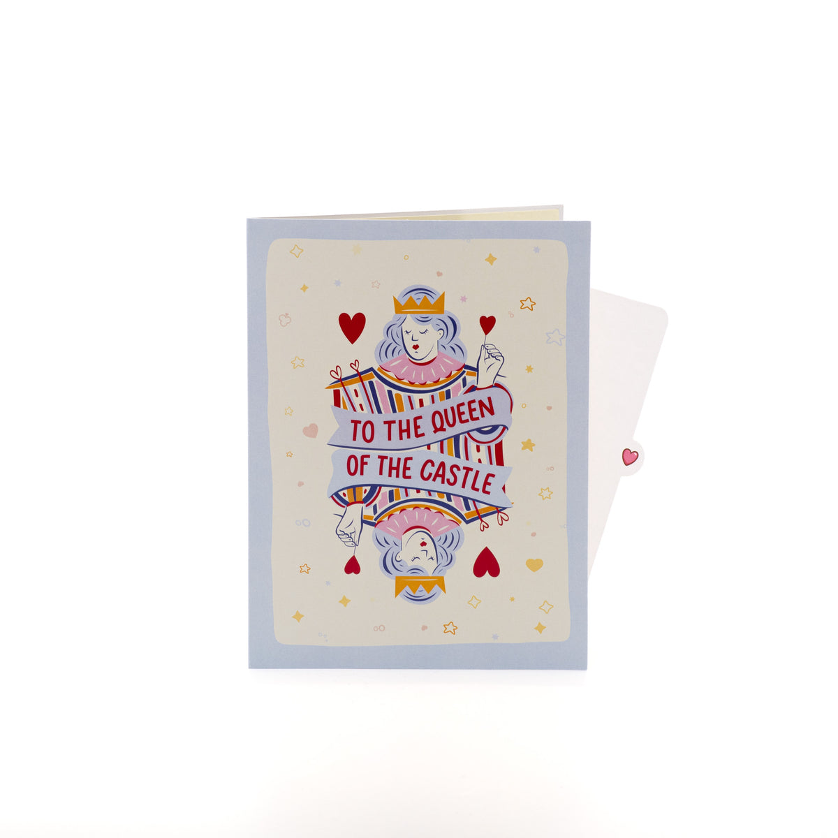 Queen of the Castle 3D pop-up card closed — card only, cover with queen card and cake doodles, everpop
