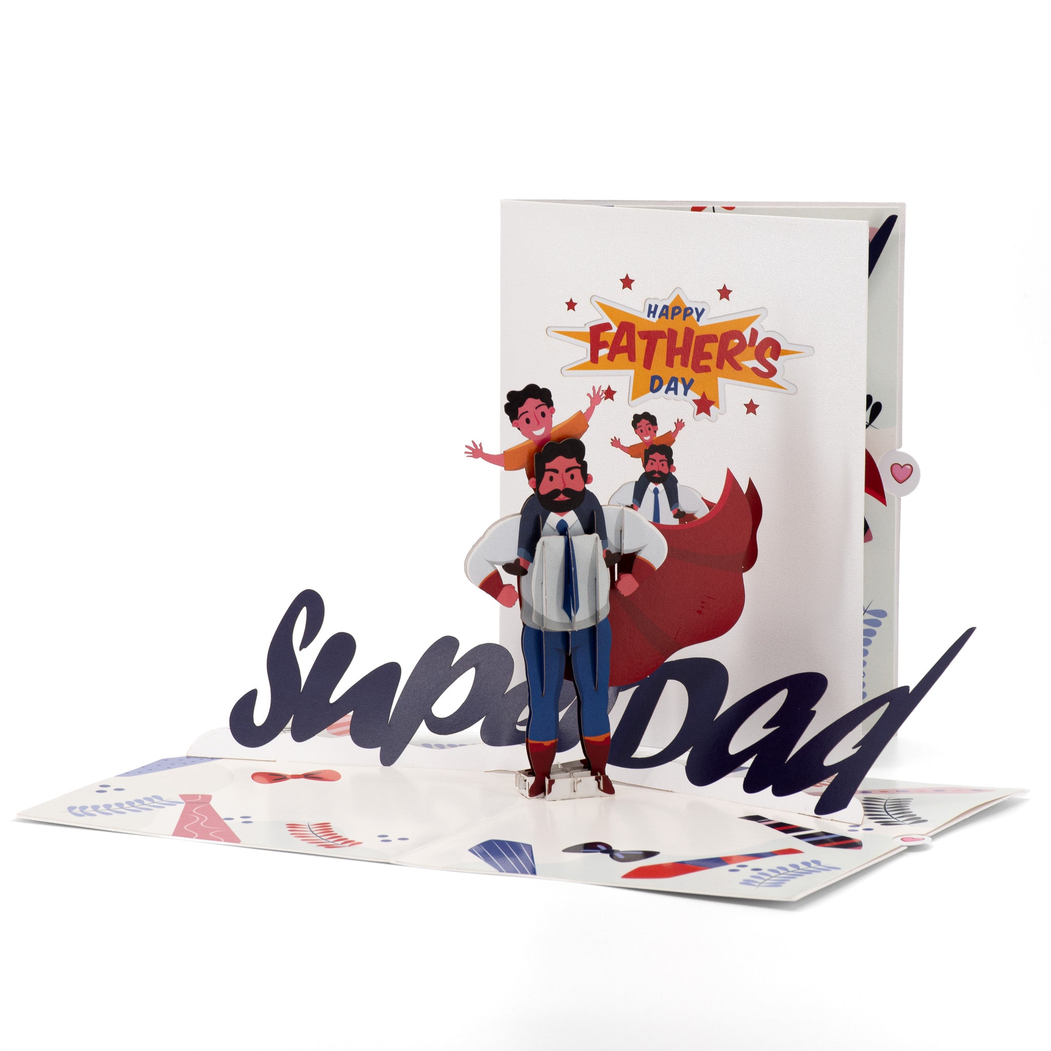 Superdad 3D pop-up card front view: dad and kids over SuperDad lettering, cover behind, everpop