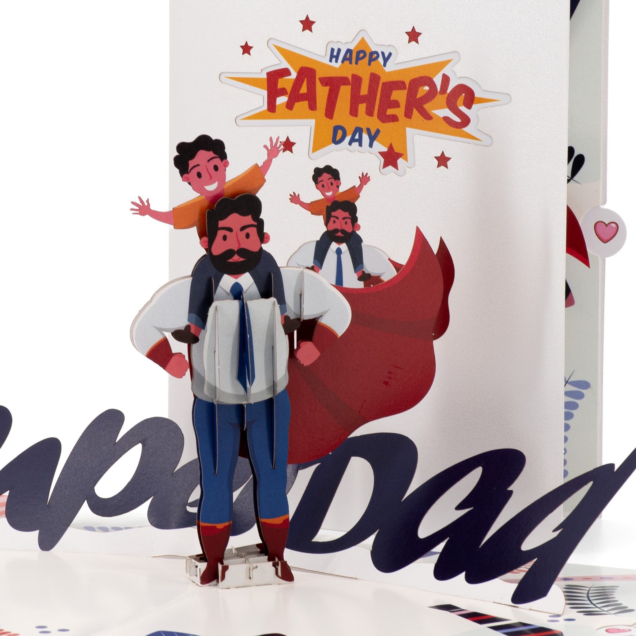 Superdad 3D pop-up card close-up: caped dad carrying his children above SuperDad script, everpop