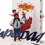 Superdad 3D pop-up card close-up: caped dad carrying his children above SuperDad script, everpop