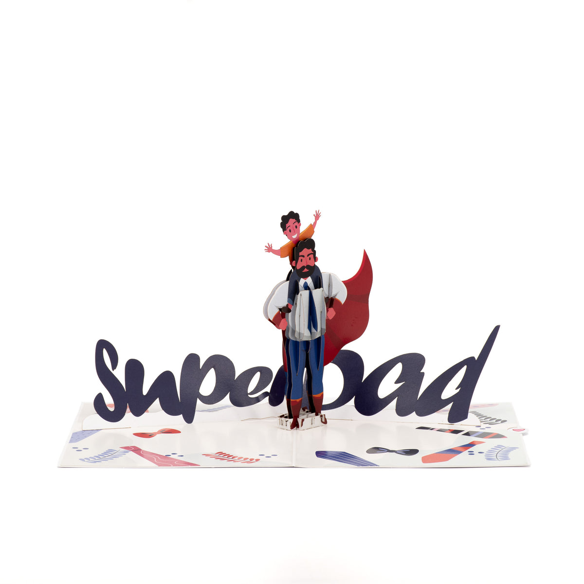 Superdad 3D pop-up card angle view: superhero dad pop-up on a tie-patterned base, everpop