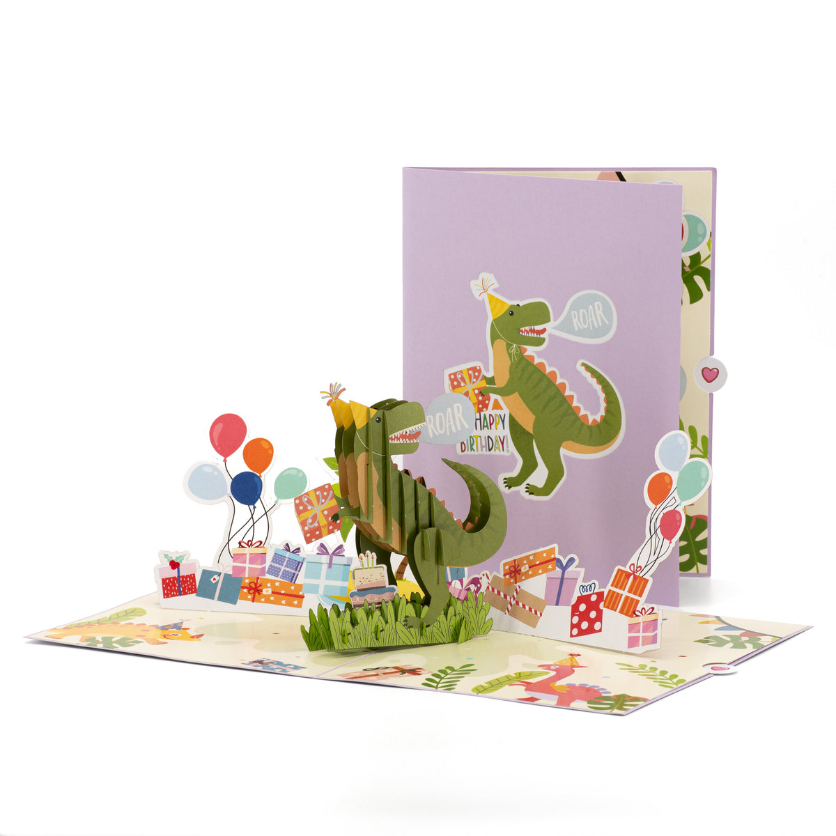 T-Rex Jungle Birthday 3D pop-up card front view: party-hat T-Rex with gifts and balloons, cover behind, everpop