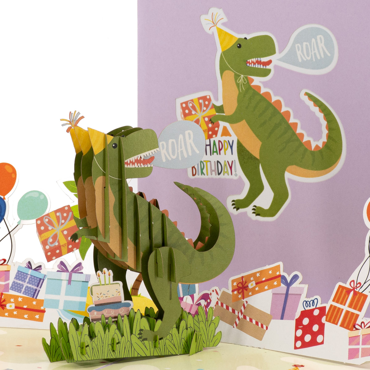 T-Rex Jungle Birthday 3D pop-up card close-up: green T-Rex roaring beside birthday cake and presents, everpop