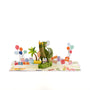 T-Rex Jungle Birthday 3D pop-up card angle view: dinosaur party pop-up with palm tree on a jungle base, everpop