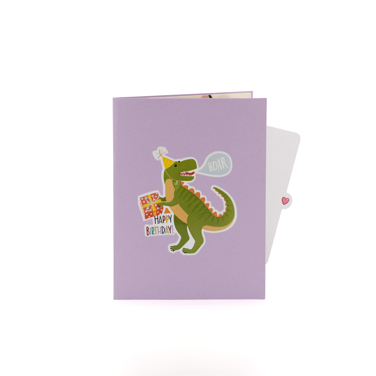 T-Rex Jungle Birthday 3D pop-up card closed — card only, purple cover with T-Rex and Happy Birthday text, everpop
