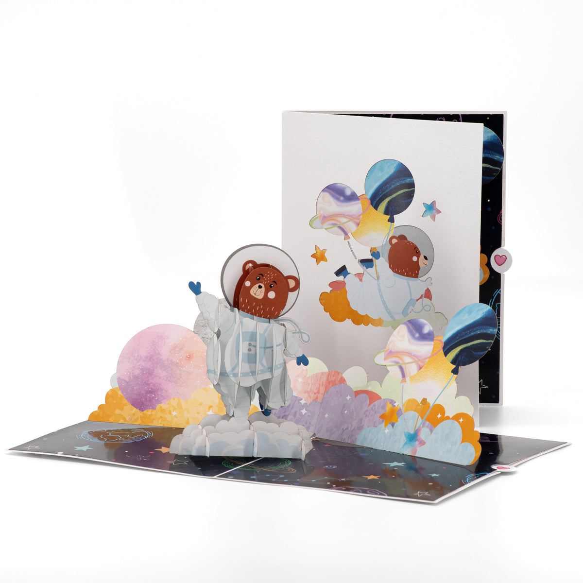 Teddy Takes Flight 3D pop-up card front view: astronaut teddy bear on a cloud, white cover behind, everpop