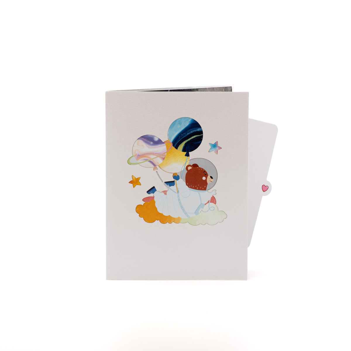 Teddy Takes Flight 3D pop-up card closed — card only, white cover with teddy floating on planet balloons, everpop