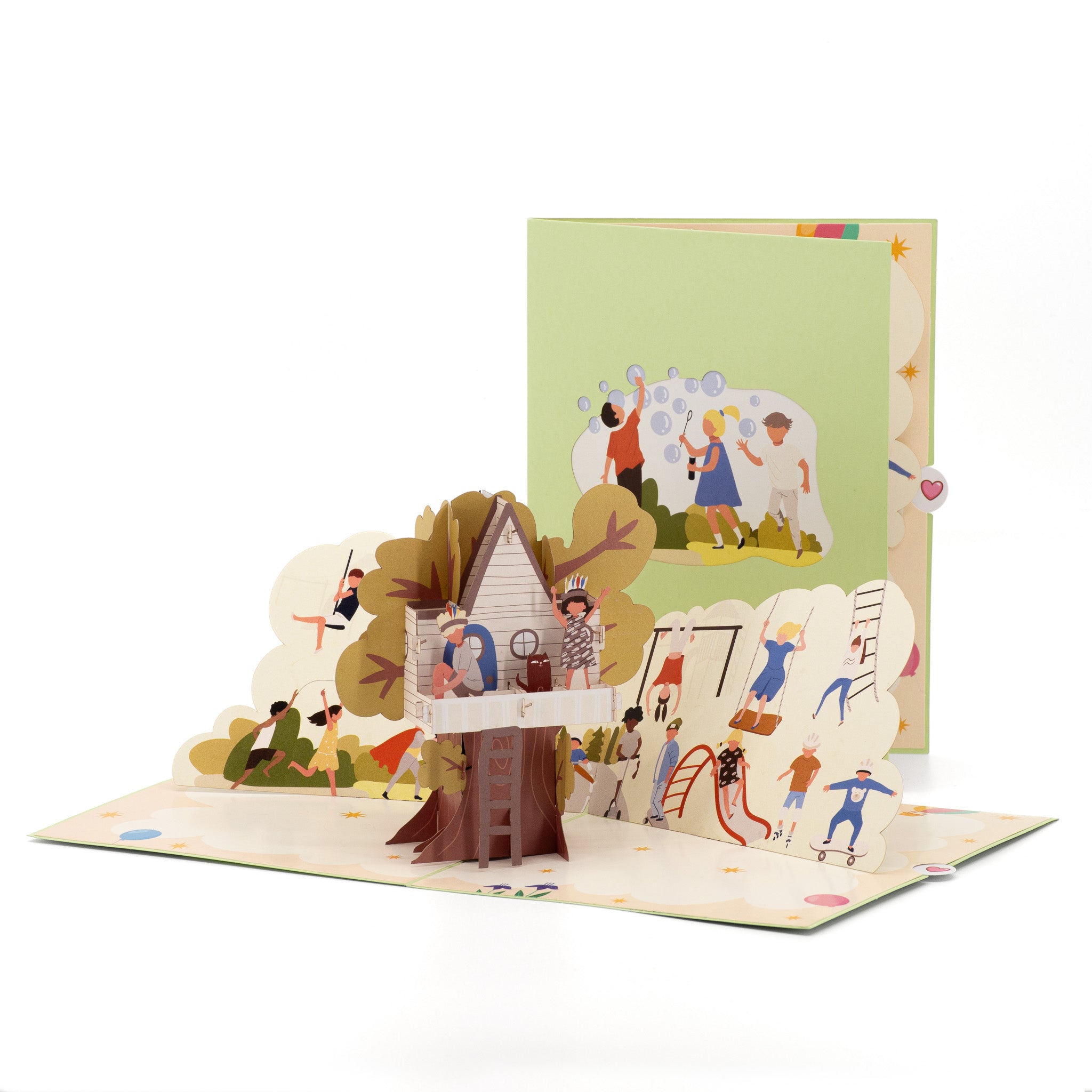 The Treehouse 3D pop-up card front view: kids playing in a treehouse, bubbles cover behind, everpop