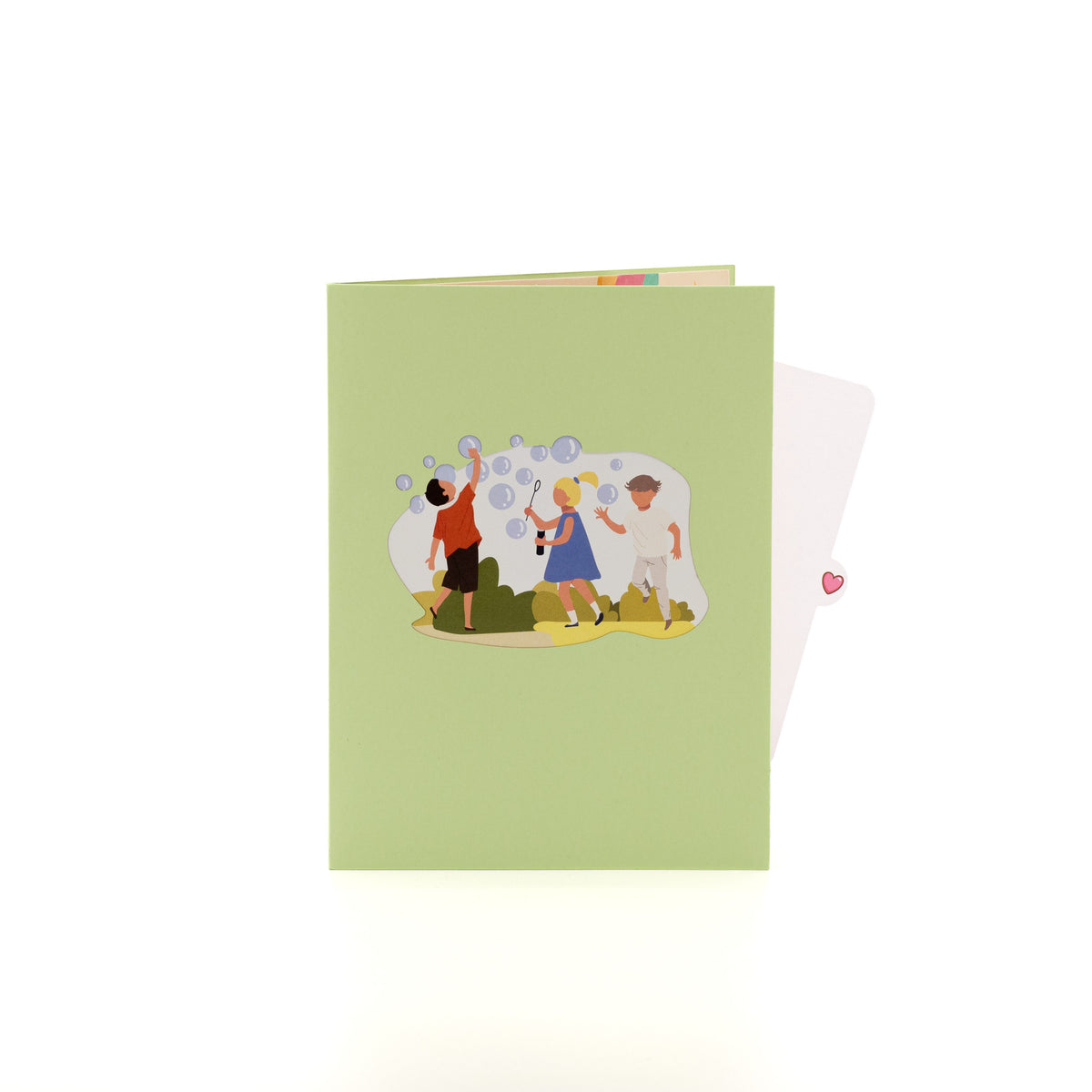 The Treehouse 3D pop-up card closed — card only, cover with three kids blowing soap bubbles, everpop