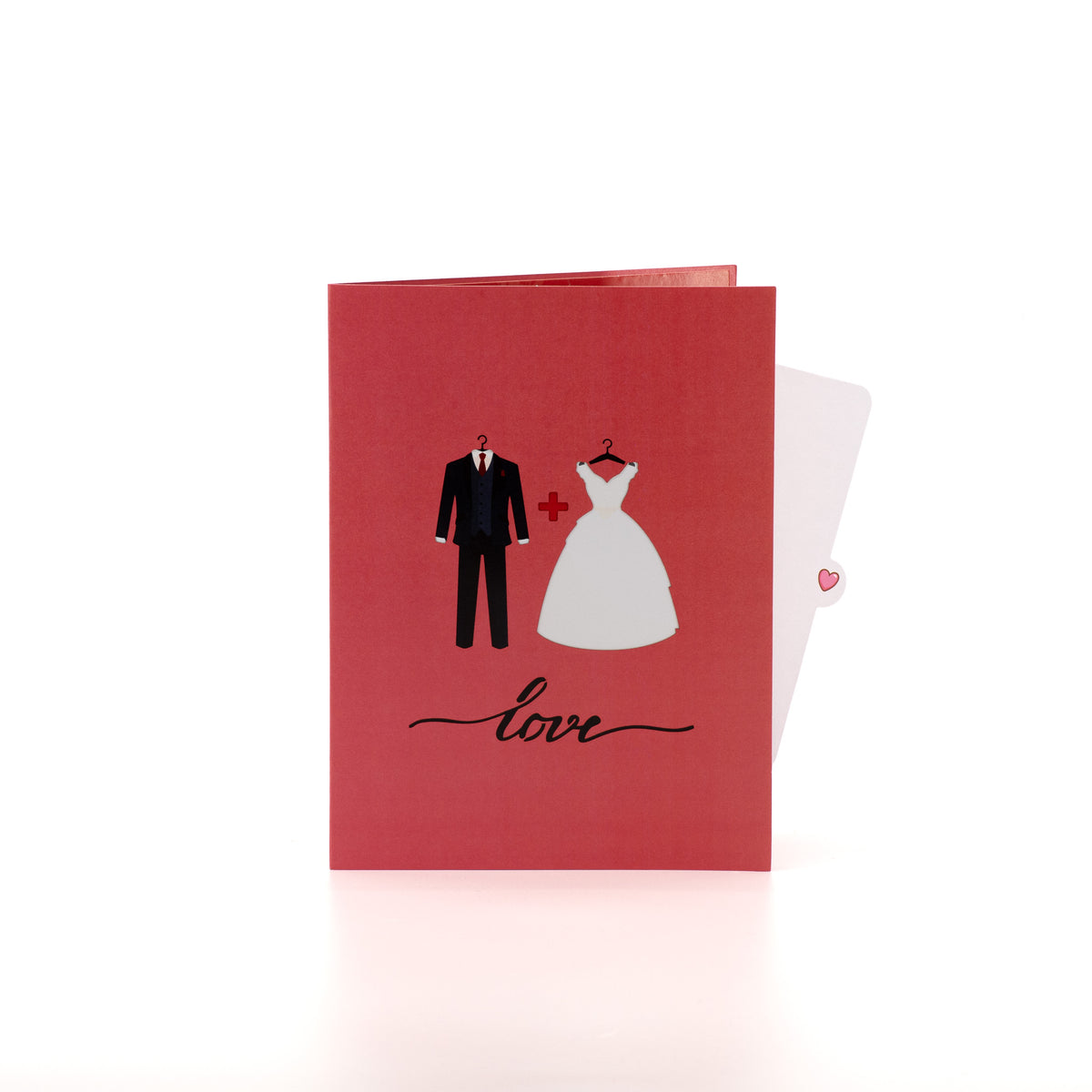 The Wedding Suit & Gown 3D pop-up card closed — card only, red cover with suit plus dress and love script, everpop