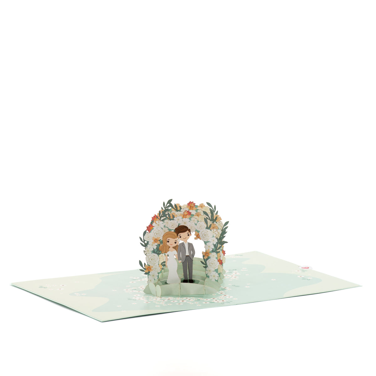 Through the Garden Gate 3D pop-up card angle view: floral wedding arch pop-up on a daisy meadow base, everpop