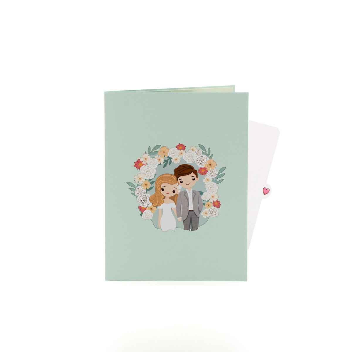 Through the Garden Gate 3D pop-up card closed — card only, mint cover with couple in a floral wreath, everpop