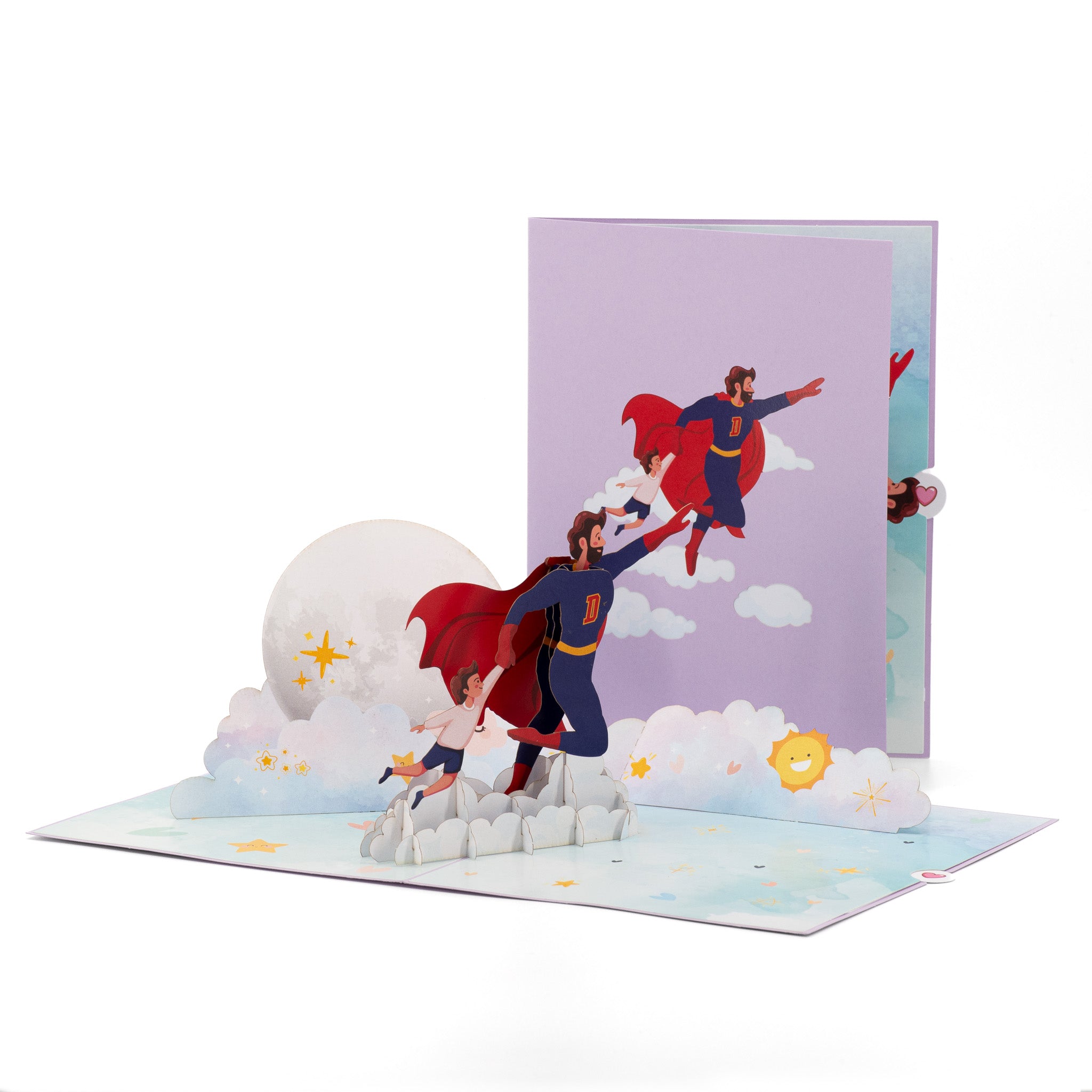 To the Moon With Dad 3D pop-up card front view: superhero dad flying with child past the moon, everpop