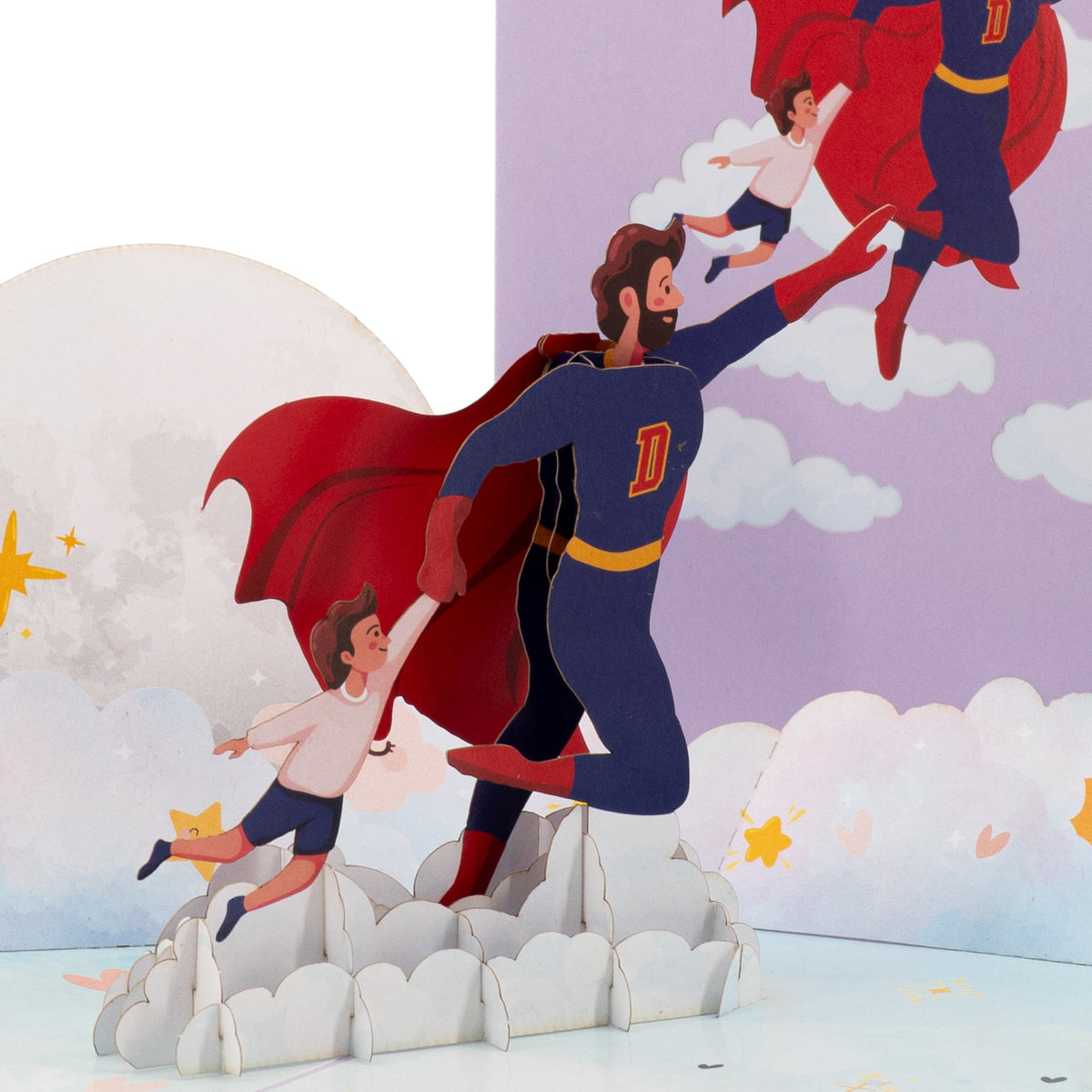 To the Moon With Dad 3D pop-up card close-up: caped dad soaring over clouds holding his child's hand, everpop