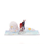 To the Moon With Dad 3D pop-up card angle view: flying dad pop-up beside the moon on a starry sky base, everpop