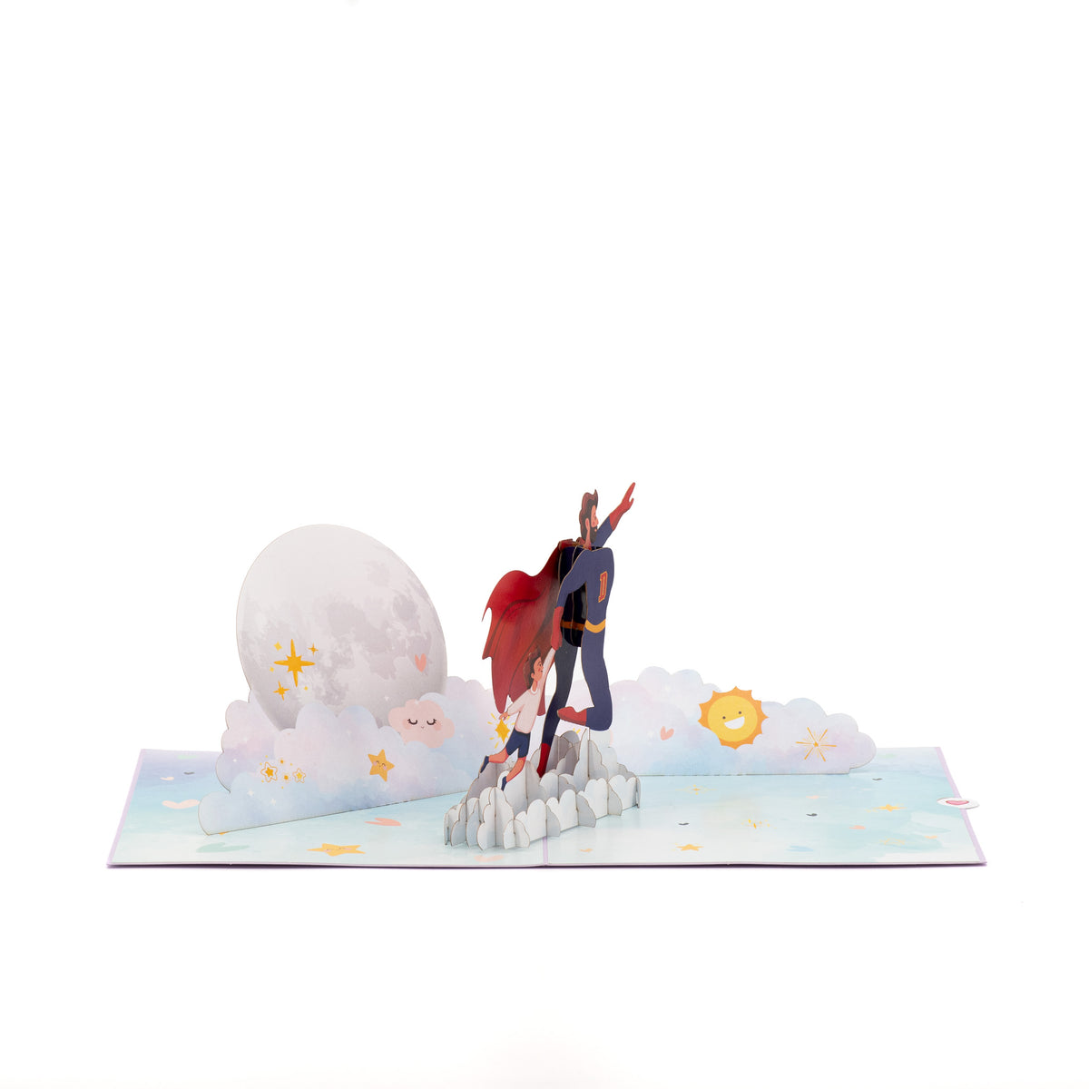 To the Moon With Dad 3D pop-up card angle view: flying dad pop-up beside the moon on a starry sky base, everpop