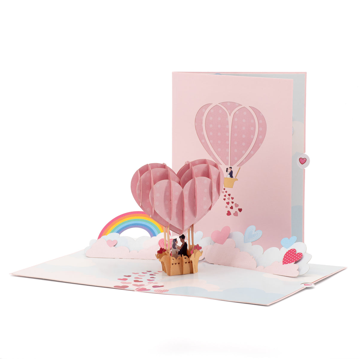 Up in the Clouds 3D pop-up card front view: couple in a heart hot-air balloon, pink cover behind, everpop