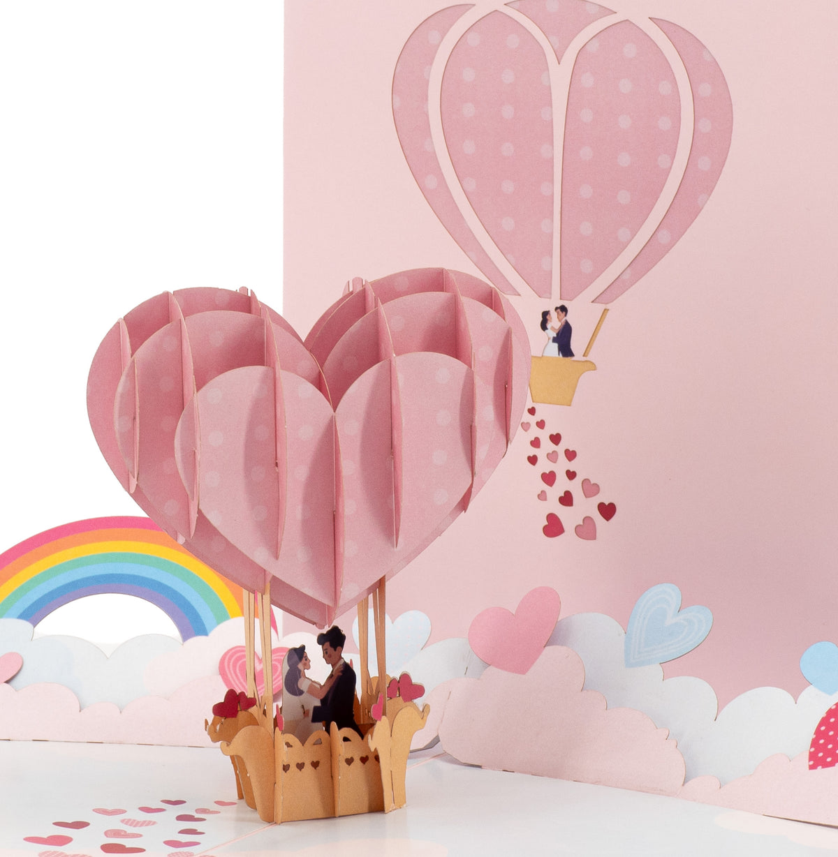 Up in the Clouds 3D pop-up card close-up: pink heart balloon with a kissing pair in the basket, everpop
