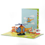 Up, Up & Away 3D pop-up card front view: yellow toy helicopter among toys, blue cover behind, everpop