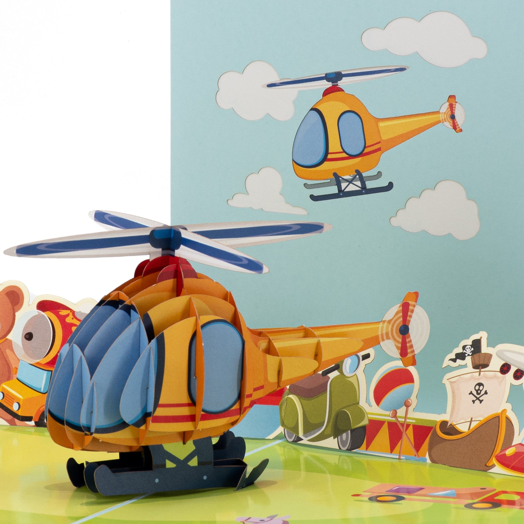 Up, Up & Away 3D pop-up card close-up: paper helicopter with big rotor beside teddy and pirate ship, everpop