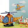 Up, Up & Away 3D pop-up card close-up: paper helicopter with big rotor beside teddy and pirate ship, everpop