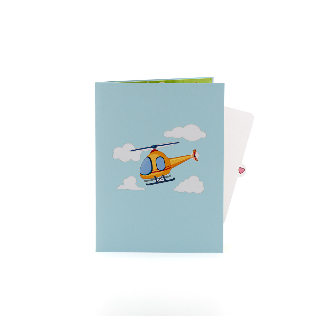 Up, Up & Away 3D pop-up card closed — card only, blue cover with helicopter flying through clouds, everpop