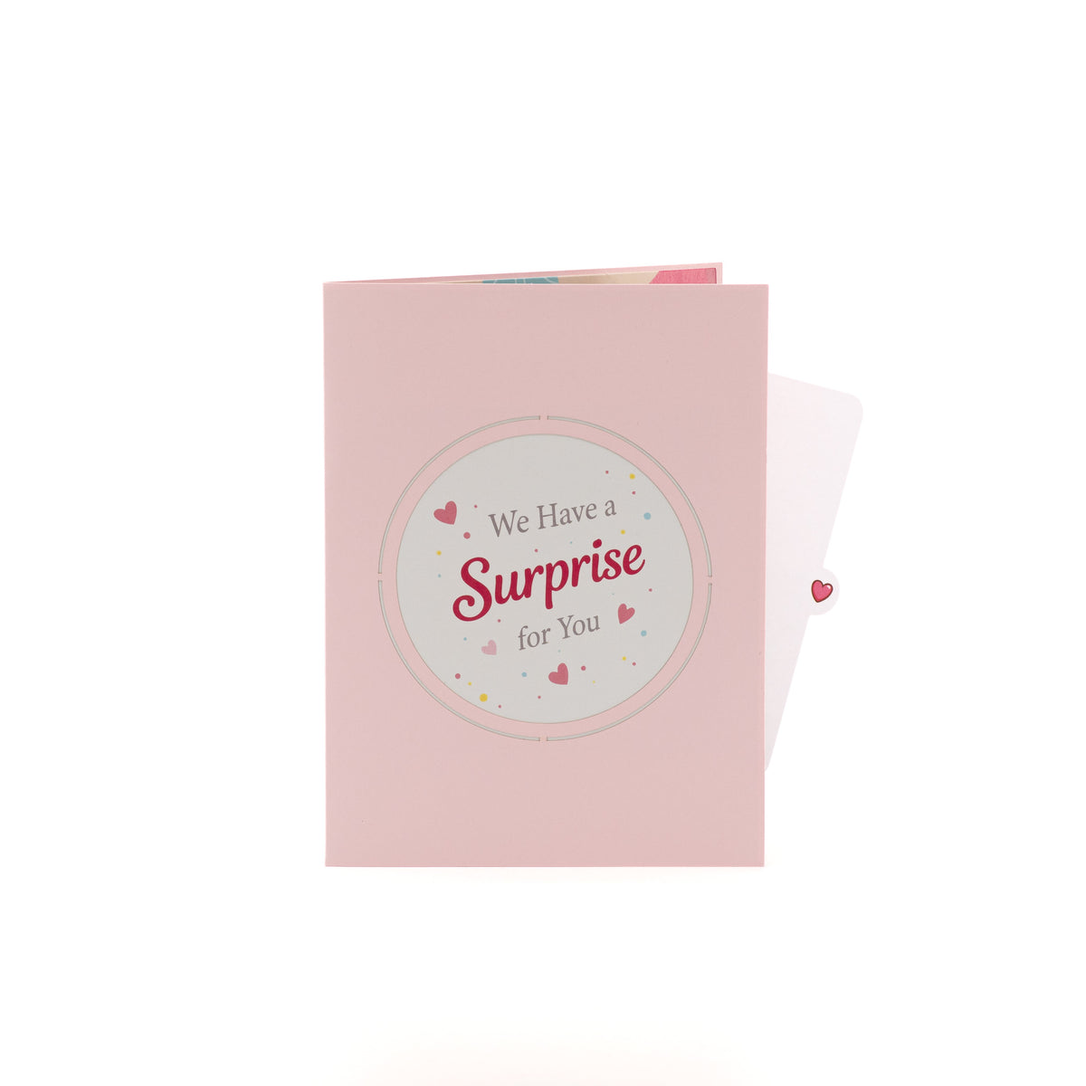 We Have a Surprise 3D pop-up card closed — card only, pink cover with We Have a Surprise for You text, everpop